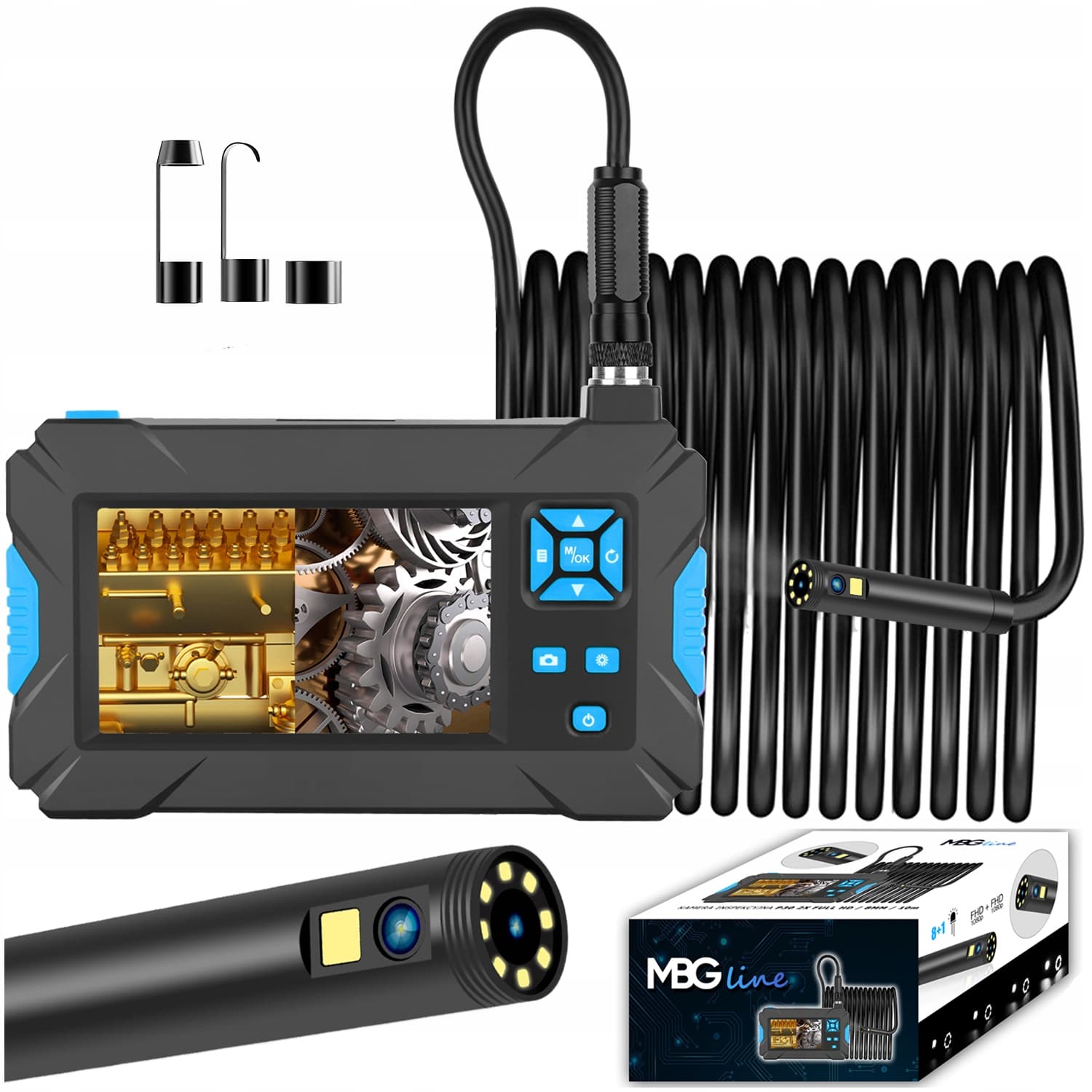 MBG LINE P30 wysokiej klasy endoskop 2 kamery inspekcyjne 1080p FHD, 9x LED, wyświetlacz LCD 4.3", polskie menu, nagrywanie na kartę - sztywny kabel 10m