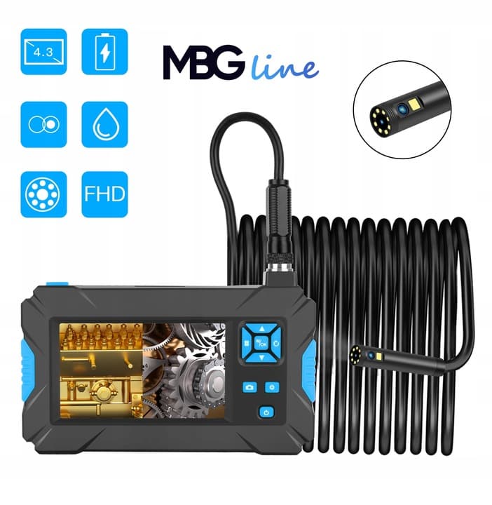 MBG LINE P30 wysokiej klasy endoskop 2 kamery inspekcyjne 1080p FHD, 9x LED, wyświetlacz LCD 4.3", polskie menu, nagrywanie na kartę - sztywny kabel 10m