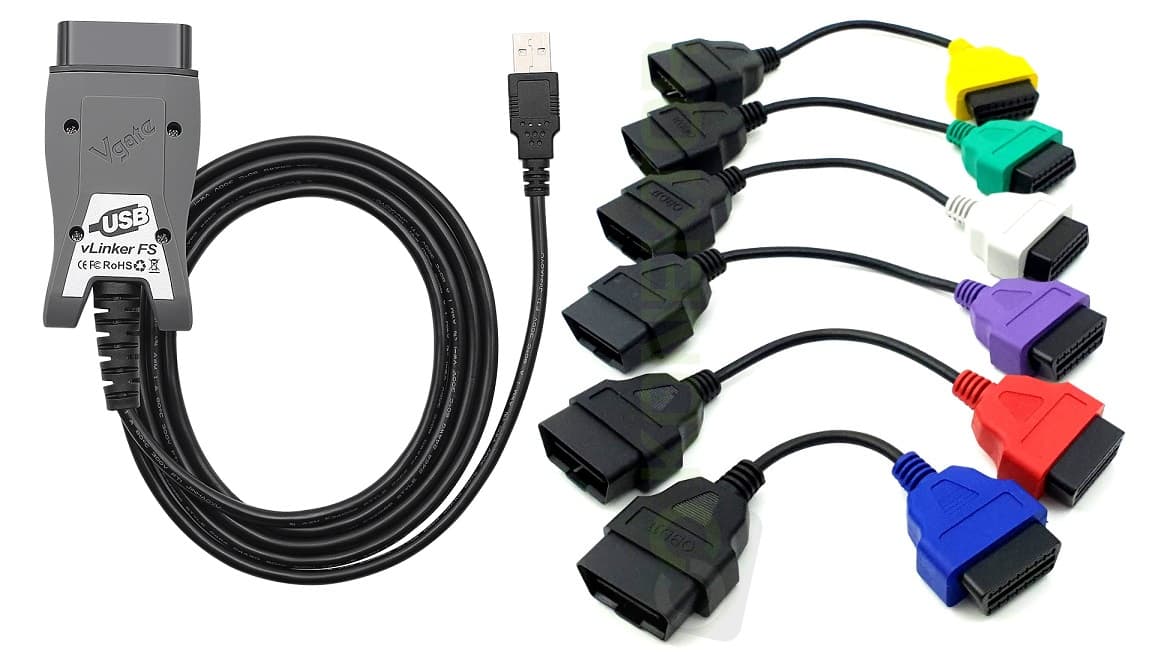 Vgate vLinker FS interfejs OBD-2 USB + komplet adapterów 6szt. do aplikacji Fiat Ecu Scan, Multi Ecu Scan, FORScan - diagnostyka kodowanie Fiat Lancia Alfa Romeo Ford (FiatEcuScan MultiEcuScan)