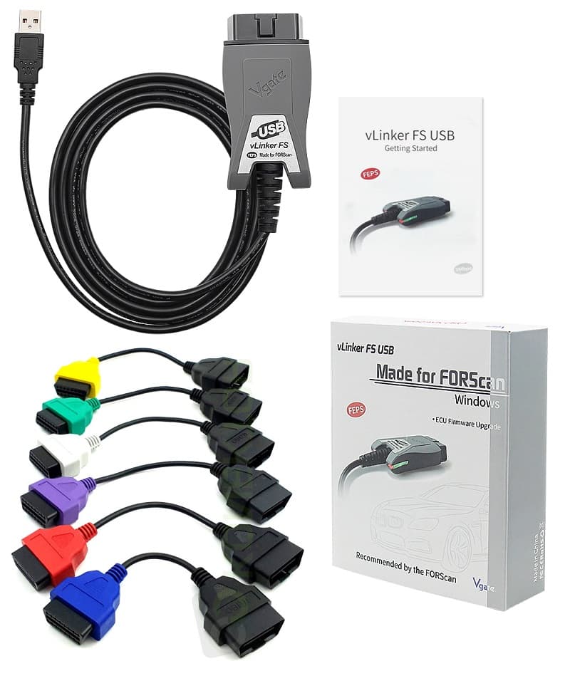 Vgate vLinker FS interfejs OBD-2 USB + komplet adapterów 6szt. do aplikacji Fiat Ecu Scan, Multi Ecu Scan, FORScan - diagnostyka kodowanie Fiat Lancia Alfa Romeo Ford (FiatEcuScan MultiEcuScan)