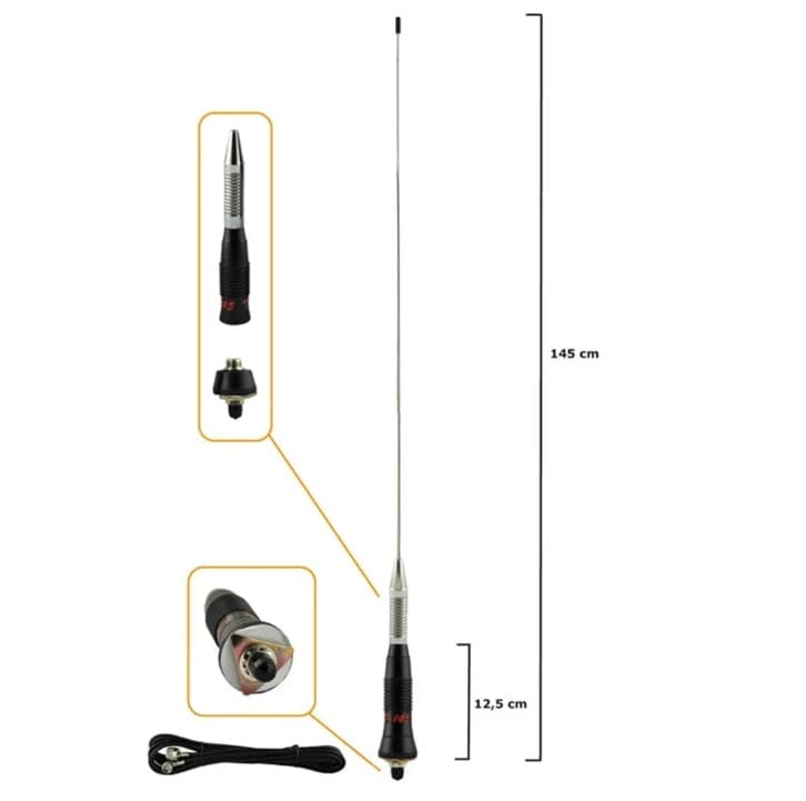 SUPER STAR P-145 TRUCKER Antena CB montażowa długość 145cm kabel 4m + wtyk UC-1 (wersja ze sprężyną - idealna do ciężarówek, busów, maszyn rolniczych, off-road itp,)