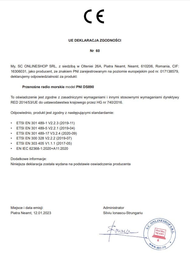 PNI DS890 ręczny radiotelefon morski VHF IP67, pływający, moc 5W, NRC, WX, czujnik wody - możliwość rejestracji w UKE