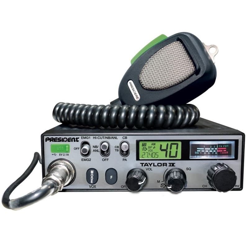 PRESIDENT TAYLOR IV DM, CB radio ASC, AM/FM, zasilanie 12/24V, ładowarka USB, 7 kolorów LCD + mikrofon President DIGIMIKE
