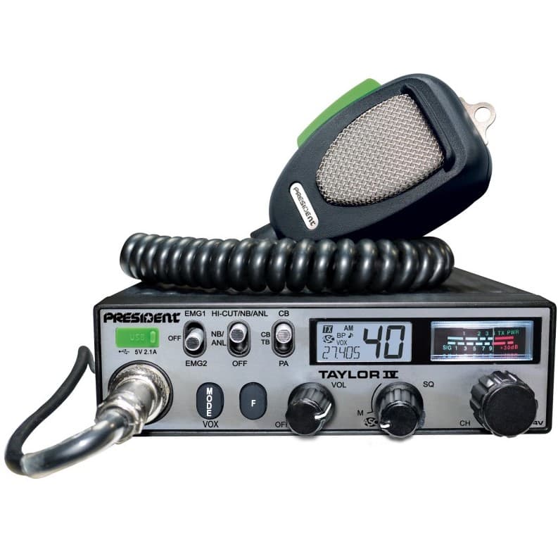 PRESIDENT TAYLOR IV DM, CB radio ASC, AM/FM, zasilanie 12/24V, ładowarka USB, 7 kolorów LCD + mikrofon President DIGIMIKE