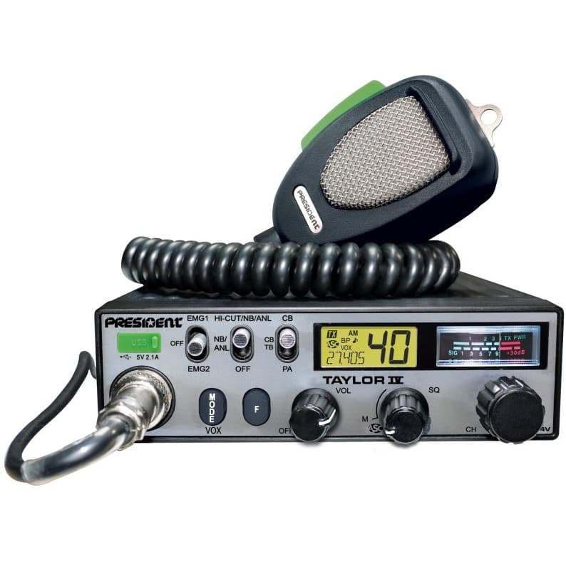 PRESIDENT TAYLOR IV DM, CB radio ASC, AM/FM, zasilanie 12/24V, ładowarka USB, 7 kolorów LCD + mikrofon President DIGIMIKE