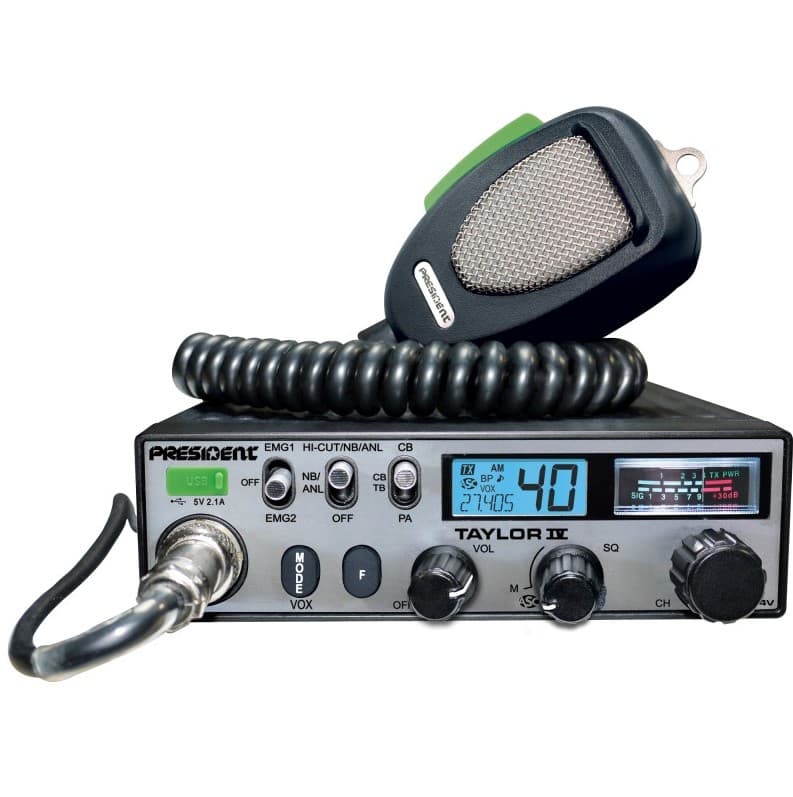 PRESIDENT TAYLOR IV DM, CB radio ASC, AM/FM, zasilanie 12/24V, ładowarka USB, 7 kolorów LCD + mikrofon President DIGIMIKE