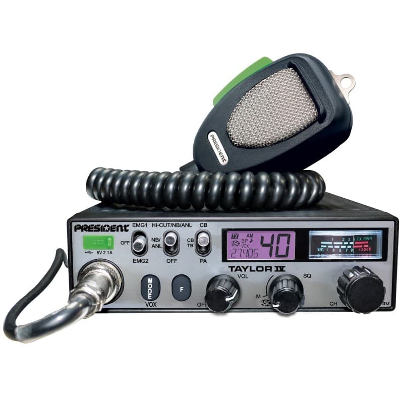 PRESIDENT TAYLOR IV DM, CB radio ASC, AM/FM, zasilanie 12/24V, ładowarka USB, 7 kolorów LCD + mikrofon President DIGIMIKE