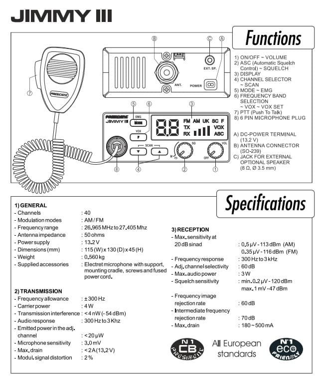 PRESIDENT JIMMY III VOX CB radio z ASC, kompaktowe wymiary, bardzo prosta obsługa, wyświetlacz LCD, zasilanie 12V - idealne do TIR, BUS