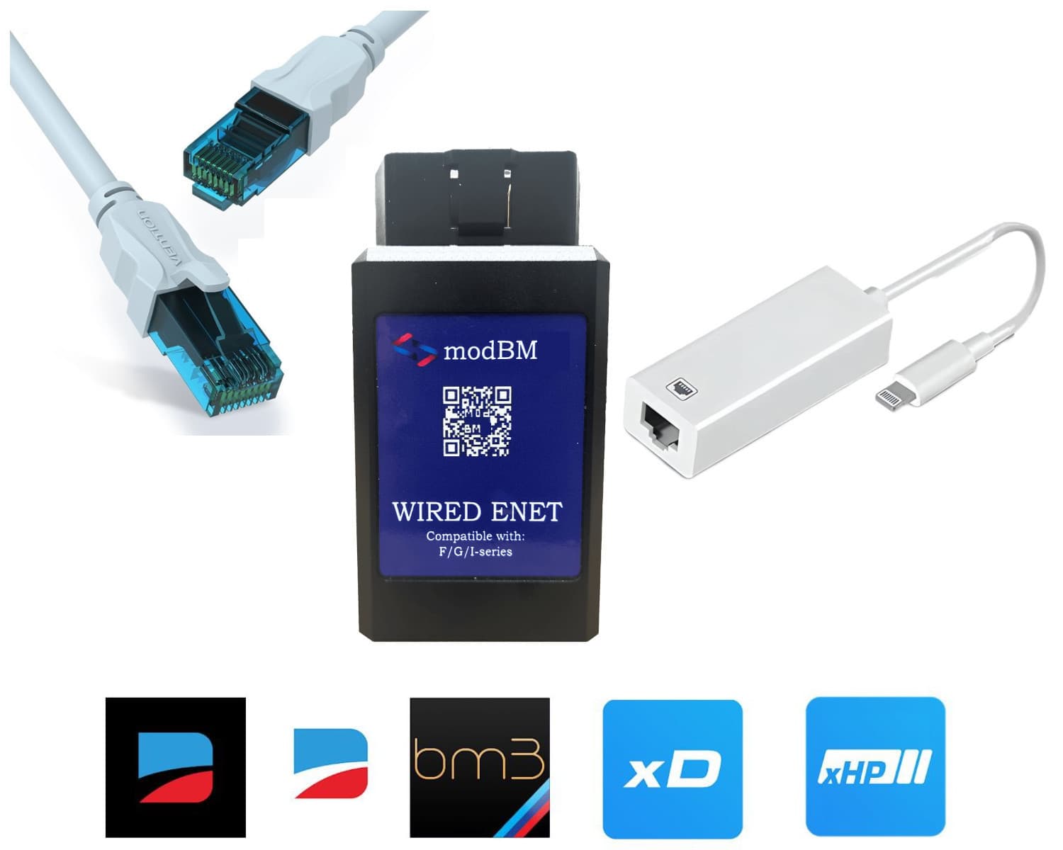 Kabel BMW seria F, G, I ENET + adapter Lightning do smartfonów Apple iPhone - kodowanie/diagnostyka BimmerCode, BimmerLink, MHD, xHP, xDelete, bootmod3