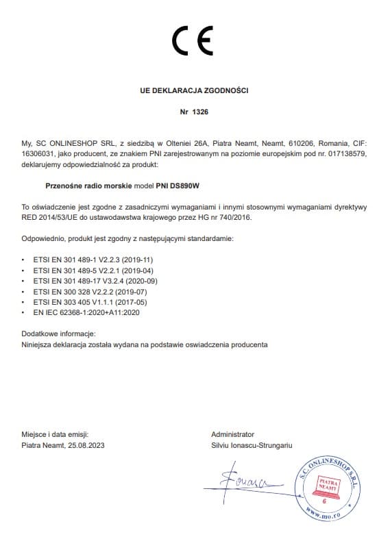 PNI DS890W WHITE ręczny radiotelefon morski VHF IP67, pływający, moc 5W, NRC, WX, czujnik wody - możliwość rejestracji w UKE