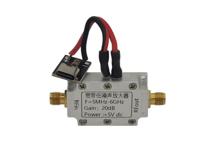 Wzmacniacz odbioru LNA SBB5089Z +20dB szeroki zakres 5MHz-6GHz, zasilanie USB-C np. do HackRF One, odbiornika SDR, skanera, TV, radia CB, VHF-UHF itp.
