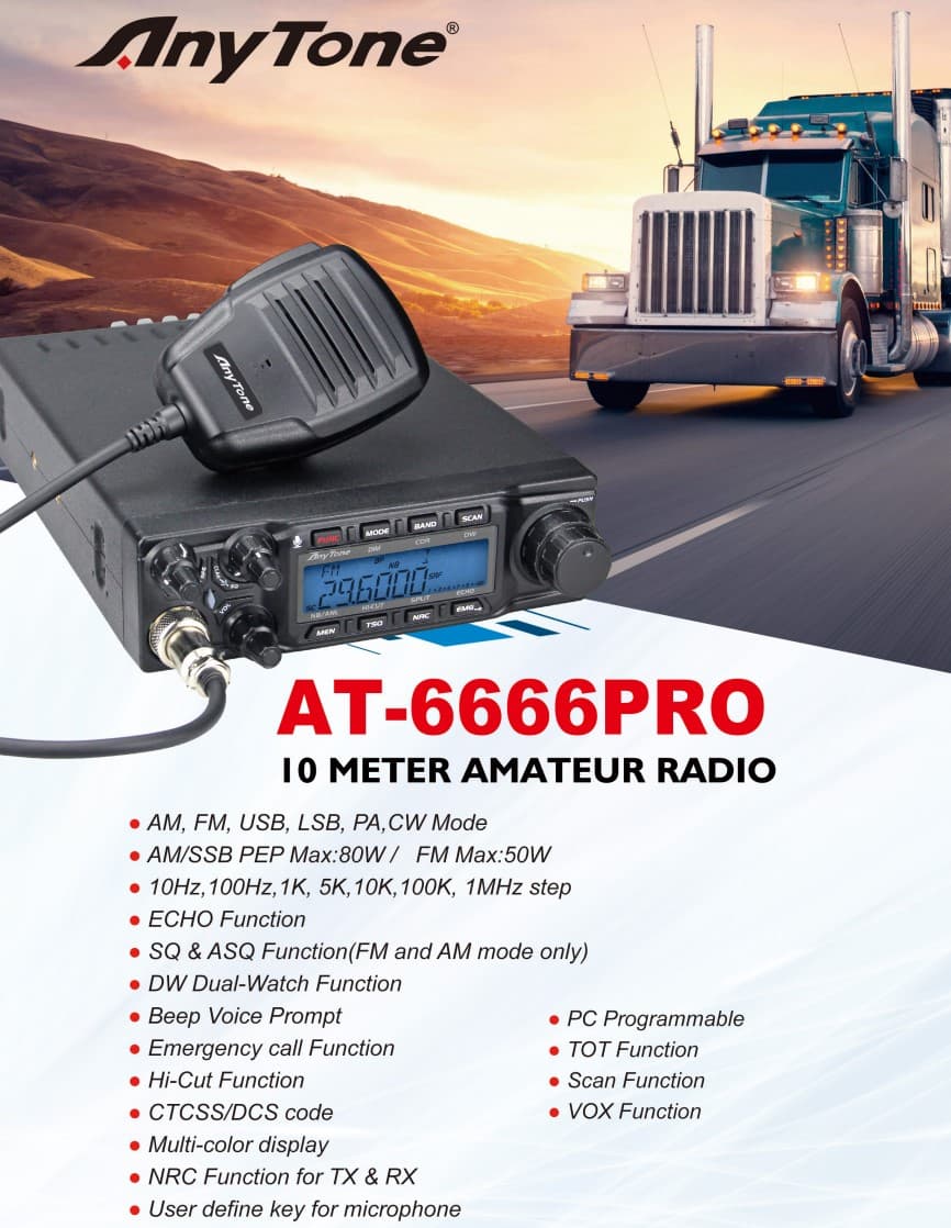 AnyTone AT-6666 PRO EXPORT radiotelefon amatorski 21-30MHz (10m, 12m, 15m, CB) AM/FM/SSB 80W, ASQ, RF Gain, NRC, echo (AnyTone AT-6666PRO)