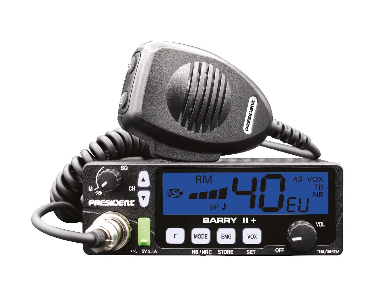 PRESIDENT BARRY II+ CB radio AM/FM, ASC, NRC, VOX, ładowarka USB, 7 kolorów podświetlenia, kompaktowe wymiary, bardzo prosta obsługa * najnowsza wersja *