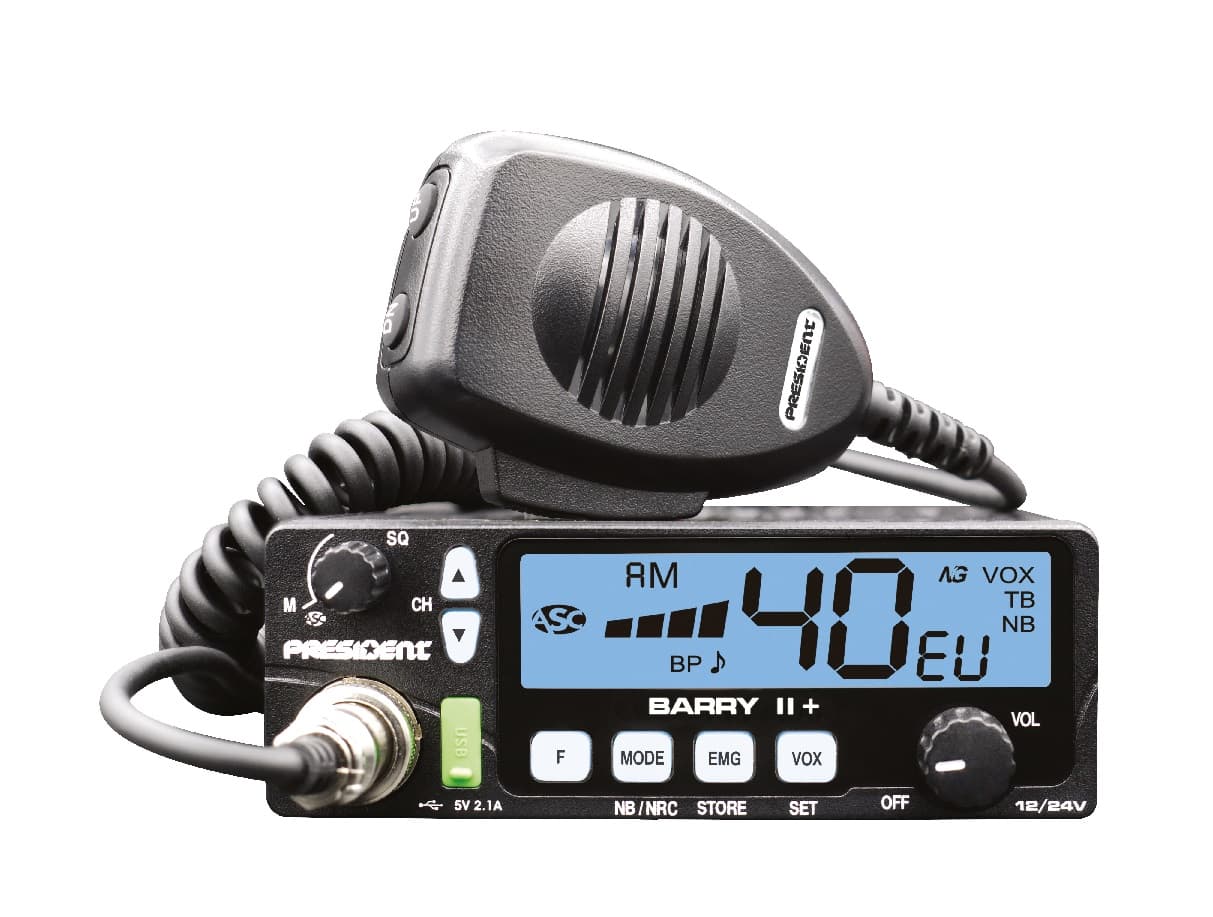 PRESIDENT BARRY II+ CB radio AM/FM, ASC, NRC, VOX, ładowarka USB, 7 kolorów podświetlenia, kompaktowe wymiary, bardzo prosta obsługa * najnowsza wersja *