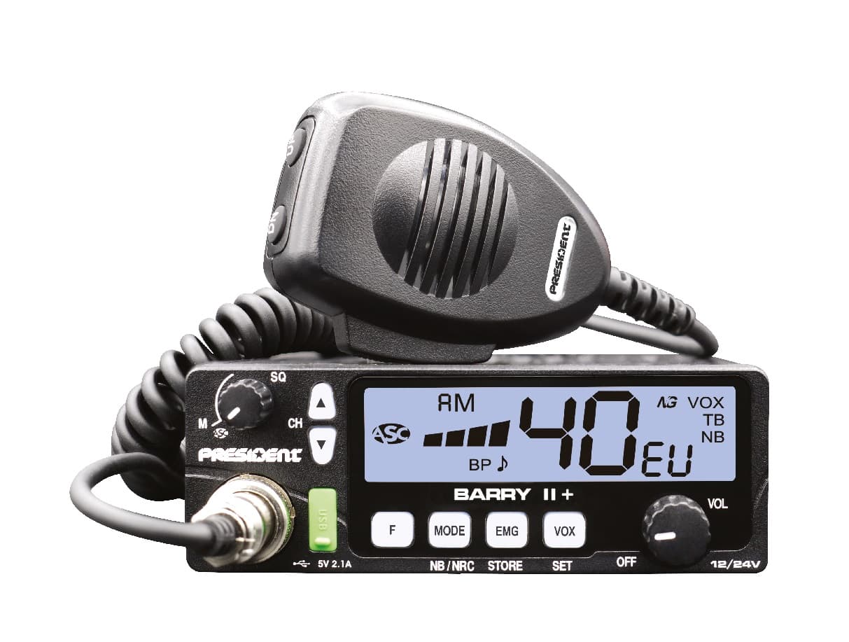 PRESIDENT BARRY II+ CB radio AM/FM, ASC, NRC, VOX, ładowarka USB, 7 kolorów podświetlenia, kompaktowe wymiary, bardzo prosta obsługa * najnowsza wersja *