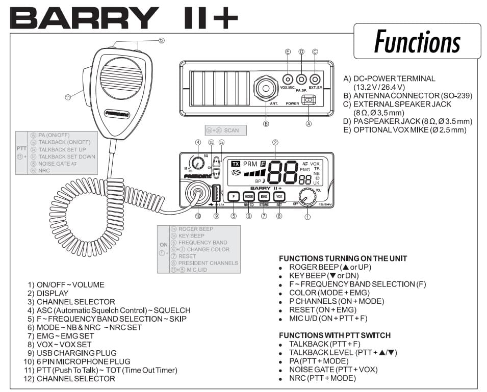 PRESIDENT BARRY II+ CB radio AM/FM, ASC, NRC, VOX, ładowarka USB, 7 kolorów podświetlenia, kompaktowe wymiary, bardzo prosta obsługa * najnowsza wersja *