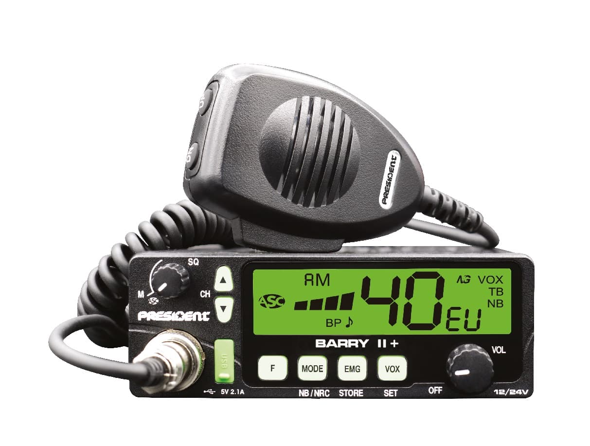 PRESIDENT BARRY II+ CB radio AM/FM, ASC, NRC, VOX, ładowarka USB, 7 kolorów podświetlenia, kompaktowe wymiary, bardzo prosta obsługa * najnowsza wersja *