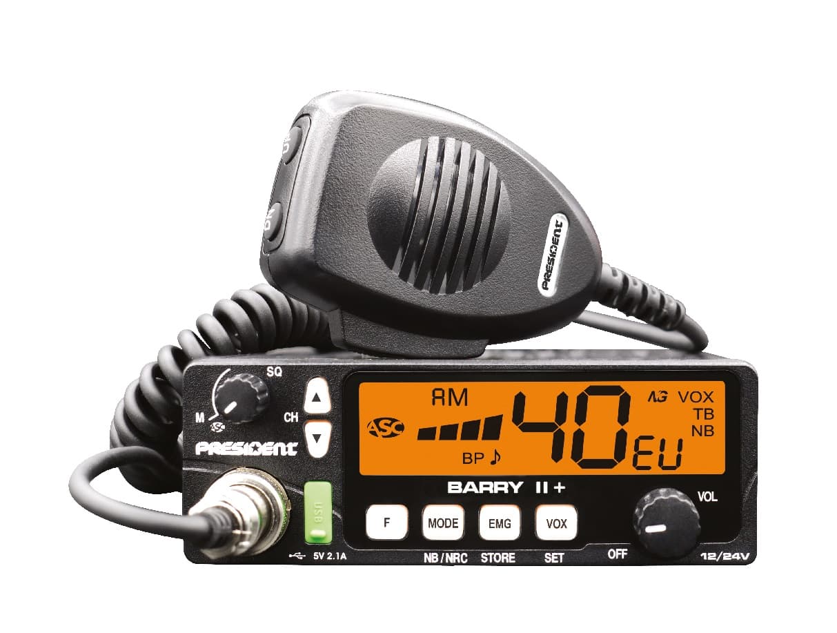 PRESIDENT BARRY II+ CB radio AM/FM, ASC, NRC, VOX, ładowarka USB, 7 kolorów podświetlenia, kompaktowe wymiary, bardzo prosta obsługa * najnowsza wersja *