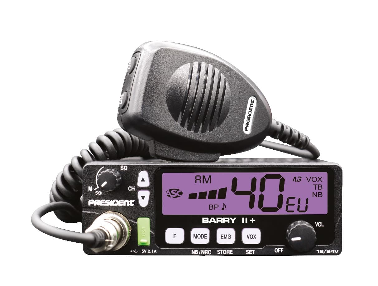 PRESIDENT BARRY II+ CB radio AM/FM, ASC, NRC, VOX, ładowarka USB, 7 kolorów podświetlenia, kompaktowe wymiary, bardzo prosta obsługa * najnowsza wersja *