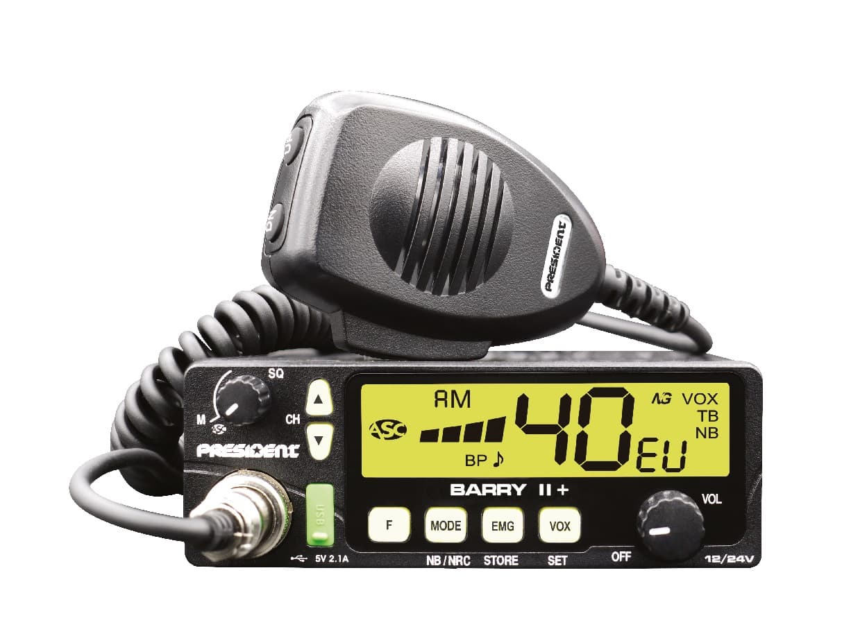 PRESIDENT BARRY II+ CB radio AM/FM, ASC, NRC, VOX, ładowarka USB, 7 kolorów podświetlenia, kompaktowe wymiary, bardzo prosta obsługa * najnowsza wersja *