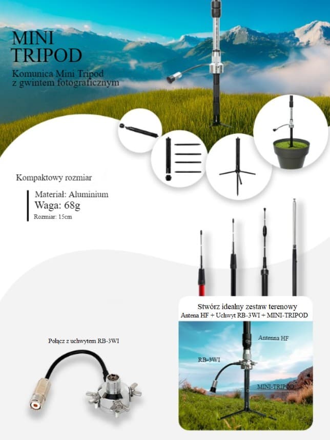 Komunica MINI-TRIPOD kieszonkowy statyw uchwyt do anten KF CB VHF UHF (gwint fotograficzny), idealny do RB-3WI