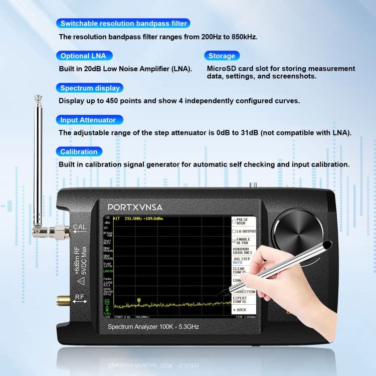 PORTXVNSA SA5 przenośny analizator widma 100kHz-5,3GHz, generator sygnału, duży wyświetlacz 4"