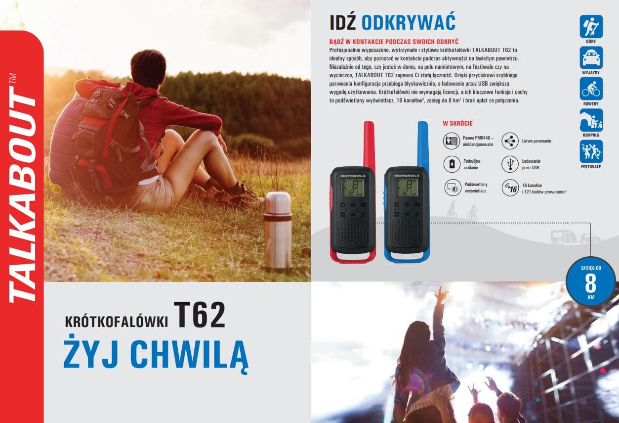 MOTOROLA T62 BLUE TALKABOUT TWINPACK zestaw 2szt. krótkofalówki PMR 16 kanałów bez zezwoleń POLSKA DYSTRYBUCJA