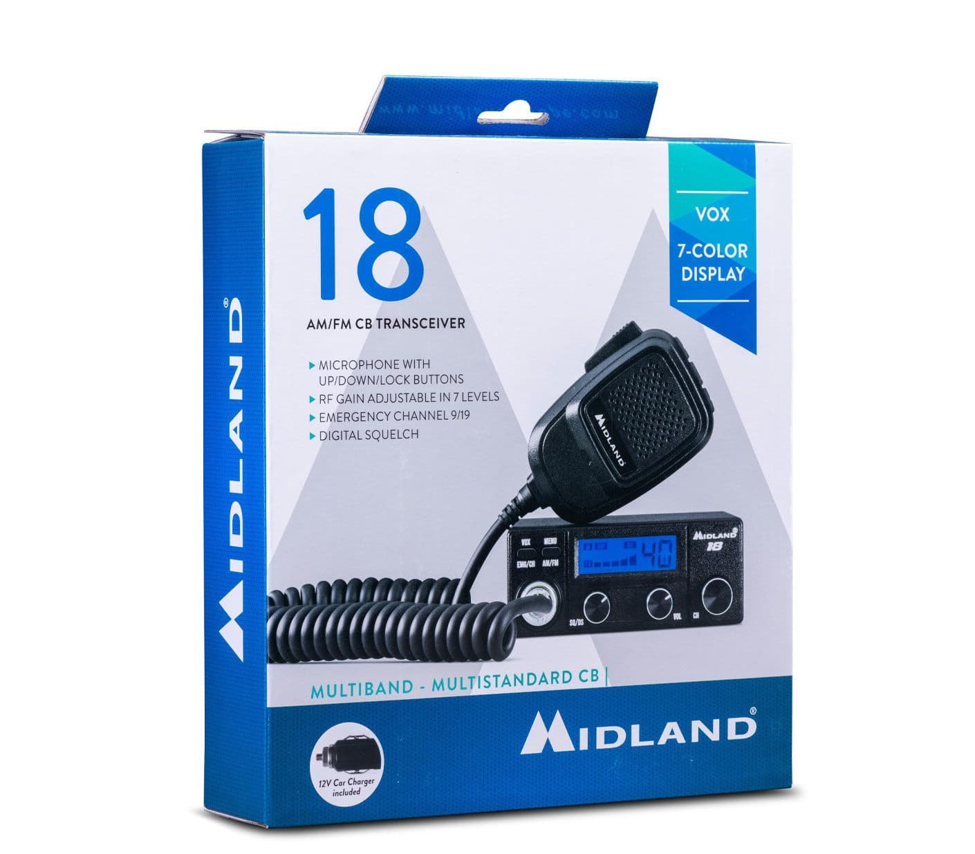Midland 18 CB radio AM/FM, automatyczna blokada szumów, RF Gain, 7 kolorów podświetlenia