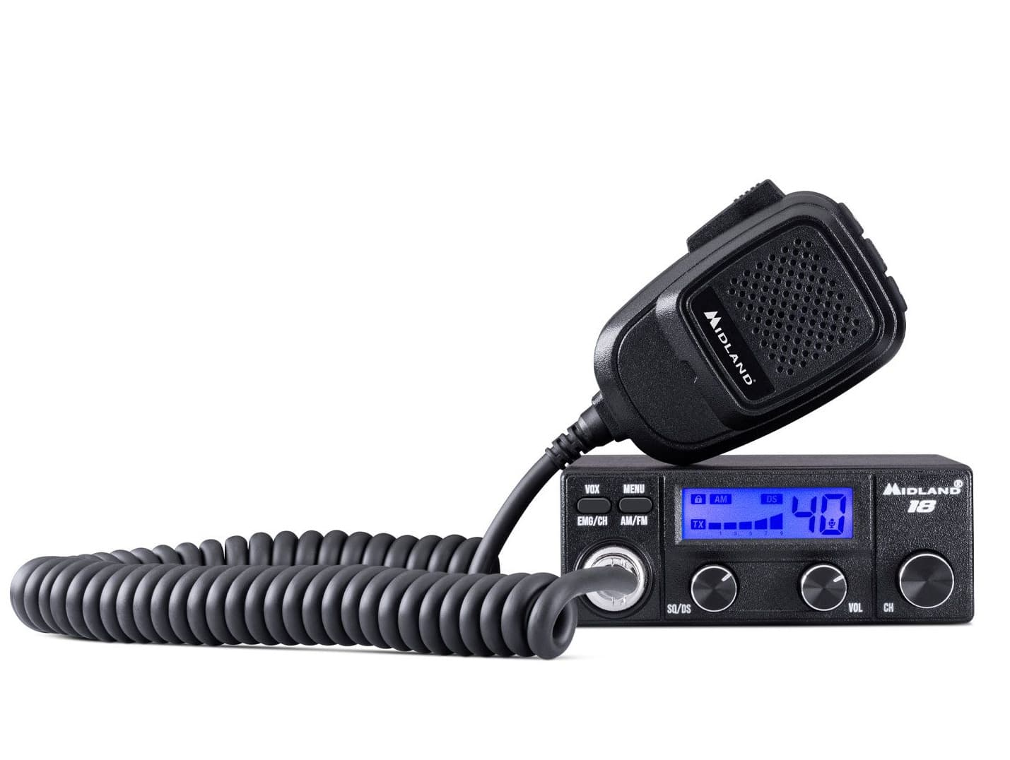 Midland 18 CB radio AM/FM, automatyczna blokada szumów, RF Gain, 7 kolorów podświetlenia