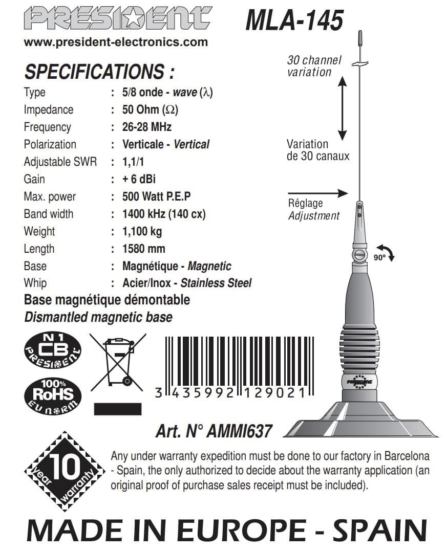 PRESIDENT MLA-145 antena CB magnesowa 158cm, regulacja pochylenia, długi kabel 4m, wtyk UC-1 do CB radia, 10 lat gwarancji (następca President ML145)