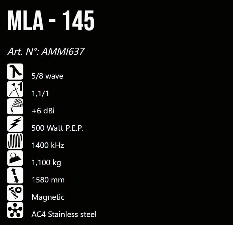 PRESIDENT MLA-145 antena CB magnesowa 158cm, regulacja pochylenia, długi kabel 4m, wtyk UC-1 do CB radia, 10 lat gwarancji (następca President ML145)