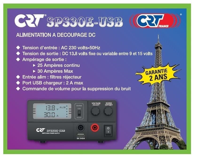 CRT SPS30E kompaktowy zasilacz impulsowy 30A cyfrowe wskaźniki, regulacja napięcia 9-15V, wyjście USB 5V