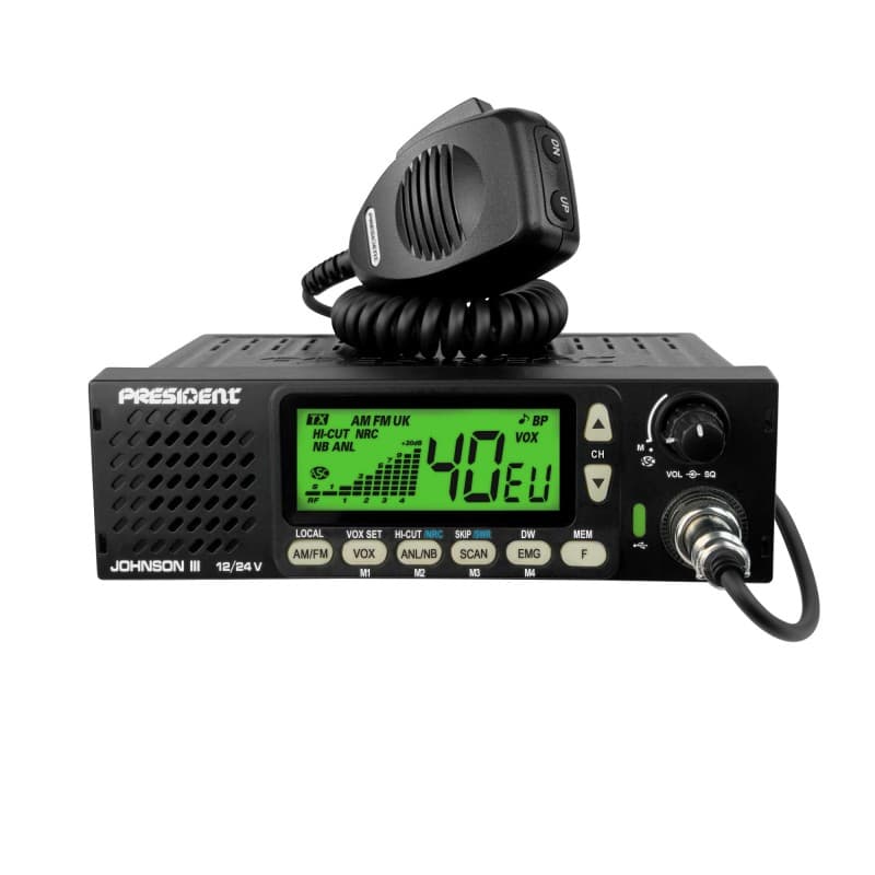 PRESIDENT JOHNSON III CB radio z głośnikiem z przodu, NRC, VOX, ASC, Roger Beep, zasilanie 12/24V, złącze USB-C - idealne do ciężarówki, busa, traktora, kampera