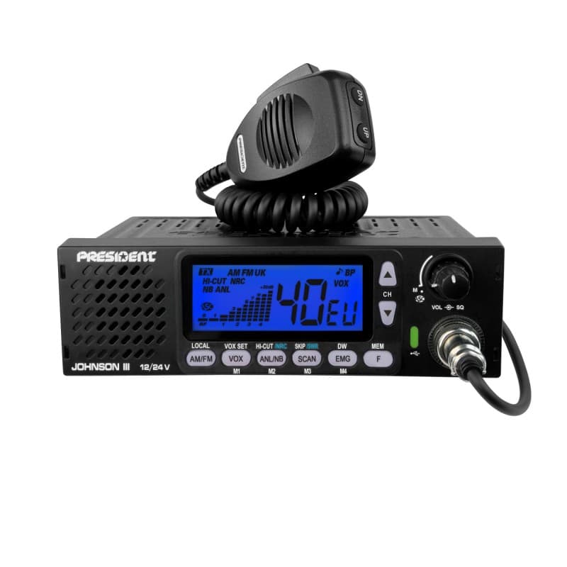 PRESIDENT JOHNSON III CB radio z głośnikiem z przodu, NRC, VOX, ASC, Roger Beep, zasilanie 12/24V, złącze USB-C - idealne do ciężarówki, busa, traktora, kampera