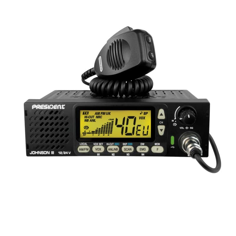 PRESIDENT JOHNSON III CB radio z głośnikiem z przodu, NRC, VOX, ASC, Roger Beep, zasilanie 12/24V, złącze USB-C - idealne do ciężarówki, busa, traktora, kampera
