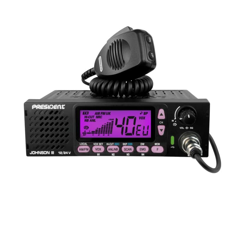 PRESIDENT JOHNSON III CB radio z głośnikiem z przodu, NRC, VOX, ASC, Roger Beep, zasilanie 12/24V, złącze USB-C - idealne do ciężarówki, busa, traktora, kampera