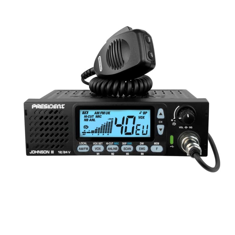 PRESIDENT JOHNSON III CB radio z głośnikiem z przodu, NRC, VOX, ASC, Roger Beep, zasilanie 12/24V, złącze USB-C - idealne do ciężarówki, busa, traktora, kampera