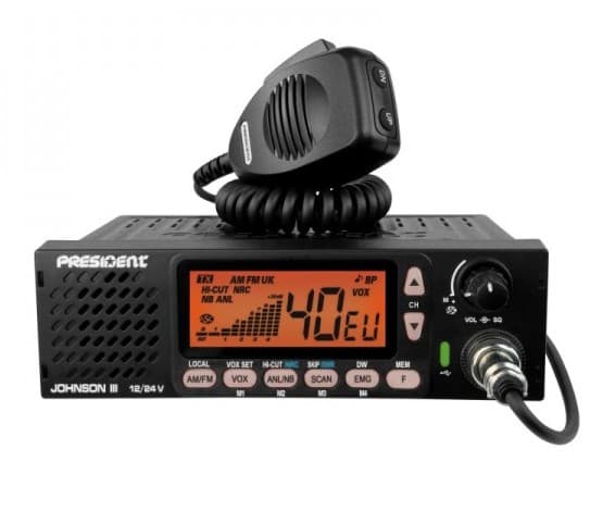 PRESIDENT JOHNSON III CB radio z głośnikiem z przodu, NRC, VOX, ASC, Roger Beep, zasilanie 12/24V, złącze USB-C - idealne do ciężarówki, busa, traktora, kampera