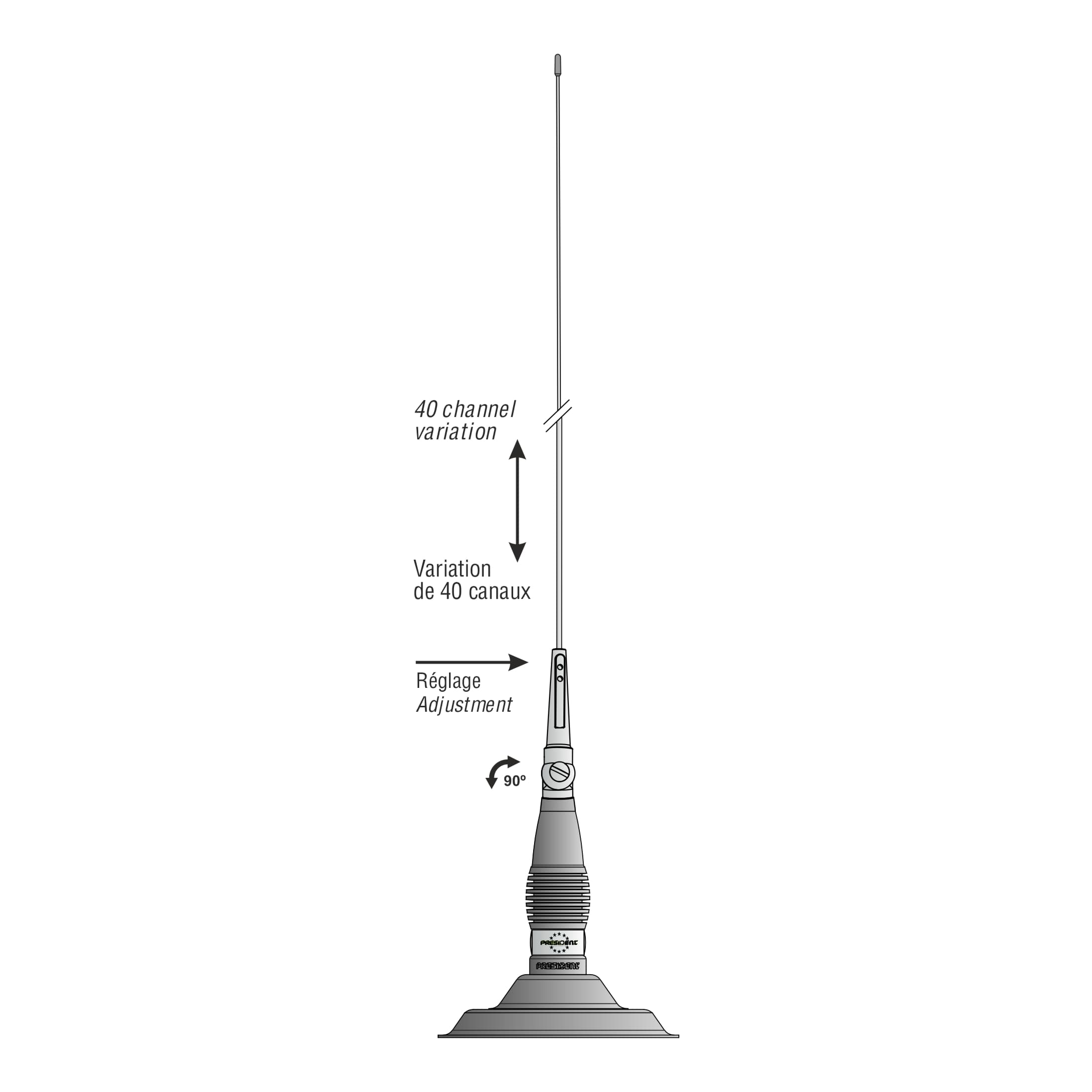 PRESIDENT MLA-85 antena CB magnesowa 93cm, regulacja pochylenia, długi kabel 4m, wtyk UC-1 do CB radia, 10 lat gwarancji - następca Missouri