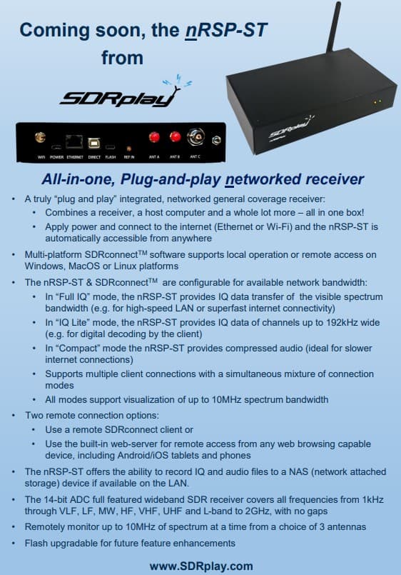 SDRPlay nRSP-ST all-in-one sieciowy odbiornik SDR szerokopasmowy 1kHz-2GHz - 100% zgodny z SDRuno (funkcja skanera częstotliwości radiowych)