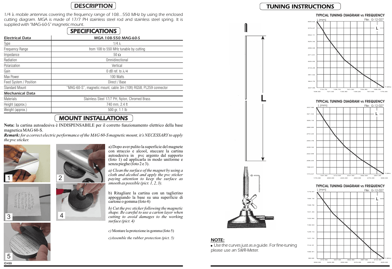 Sirio MGA 108-550 MAG-60 (ze sprężyną) Antena na magnesie VHF/UHF dostrajana zakres 108-550MHz długość do 70cm - OSP, łączność morska, służby, PMR, lotnictwo