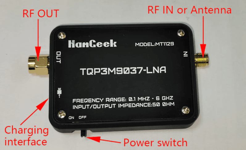 HamGeek MT1129 RF Low Noise Amplifier wzmacniacz odbioru do odbiornika SDR / skanera - zakres pracy 0,1MHz-6GHz, wbudowany akumulator