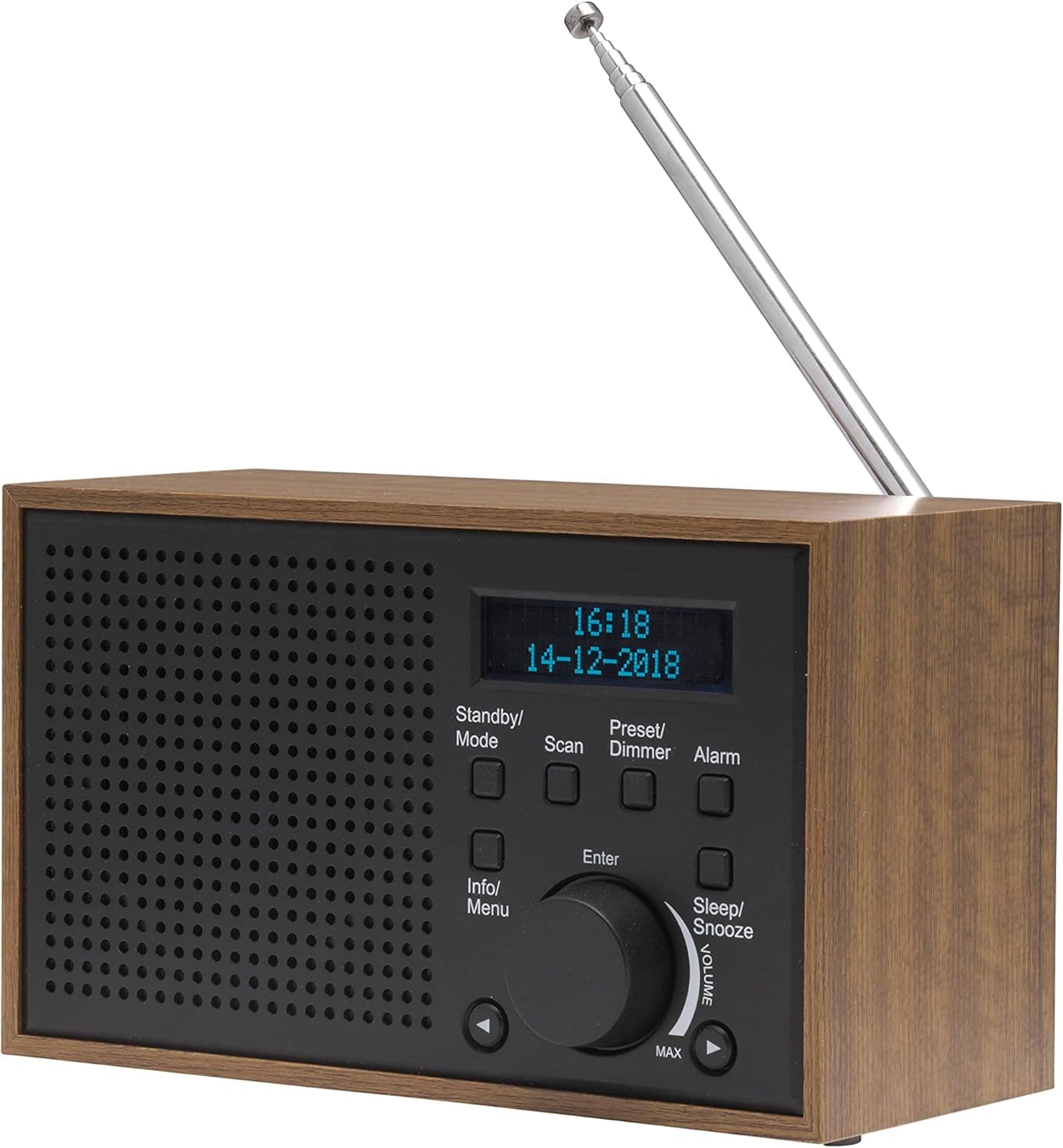 DENVER DAB-46 przenośne radio cyfrowe DAB+ / FM z budzikiem w eleganckiej drewnianej obudowie