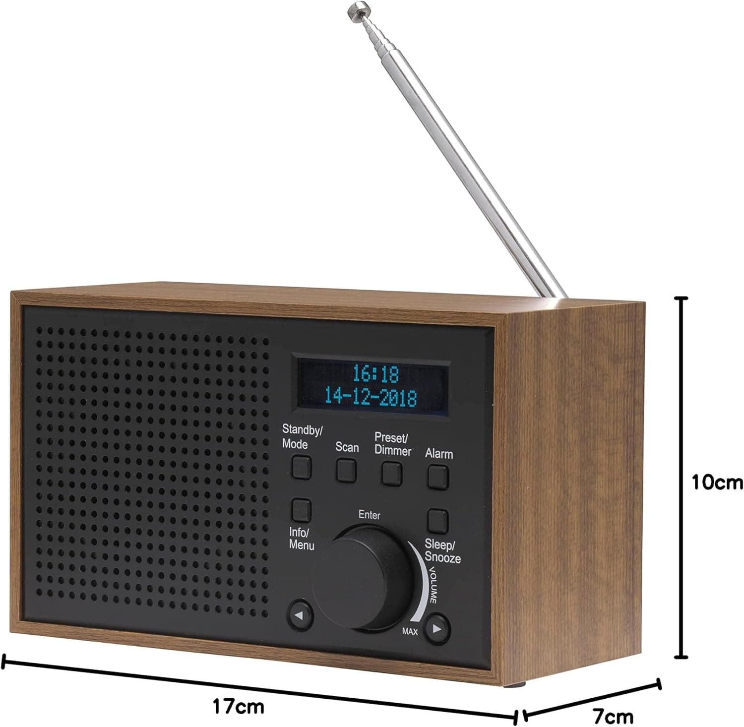 DENVER DAB-46 przenośne radio cyfrowe DAB+ / FM z budzikiem w eleganckiej drewnianej obudowie