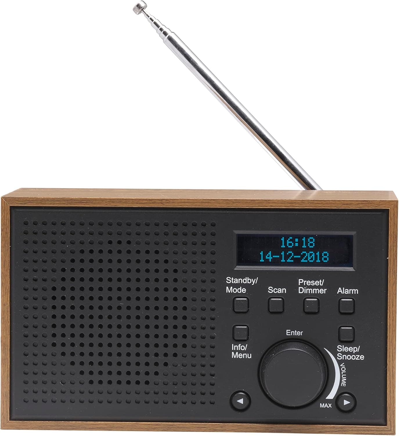 DENVER DAB-46 przenośne radio cyfrowe DAB+ / FM z budzikiem w eleganckiej drewnianej obudowie