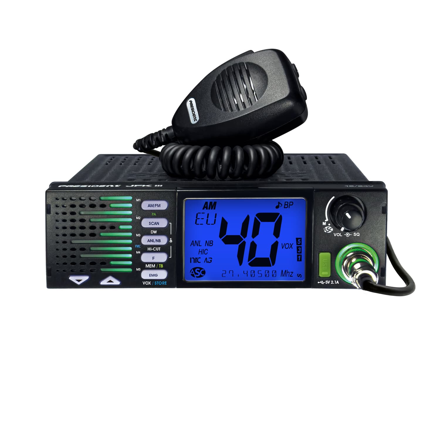 President JFK III CB radio AM/FM z ASC, filtr NRC, zasilanie 12/24V, montaż 1-DIN, głośnik z przodu, 7-kolorów