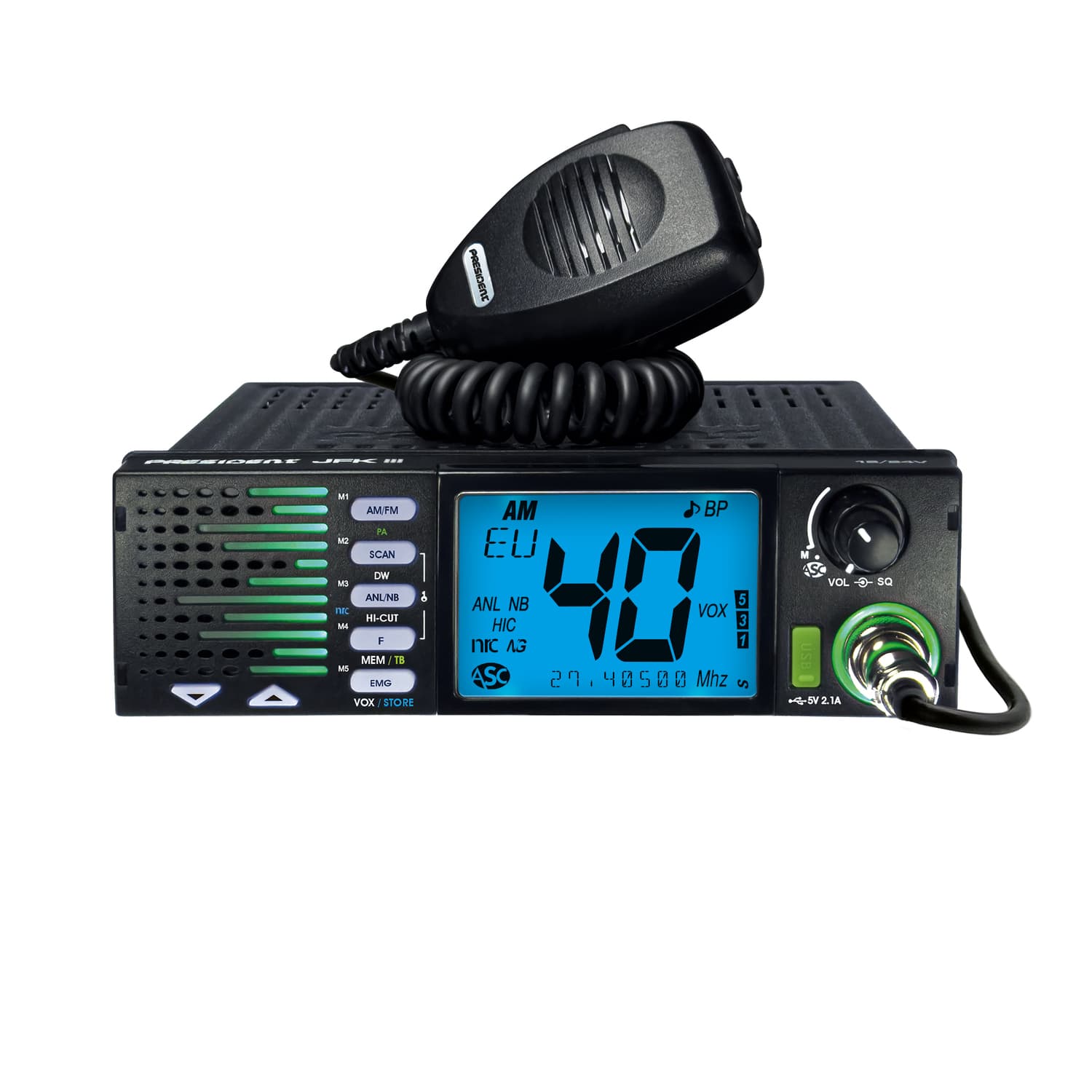President JFK III CB radio AM/FM z ASC, filtr NRC, zasilanie 12/24V, montaż 1-DIN, głośnik z przodu, 7-kolorów