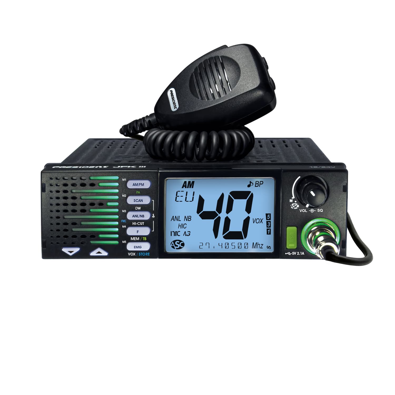 President JFK III CB radio AM/FM z ASC, filtr NRC, zasilanie 12/24V, montaż 1-DIN, głośnik z przodu, 7-kolorów