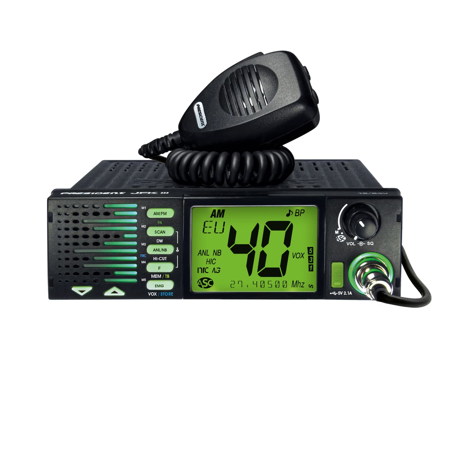 President JFK III CB radio AM/FM z ASC, filtr NRC, zasilanie 12/24V, montaż 1-DIN, głośnik z przodu, 7-kolorów