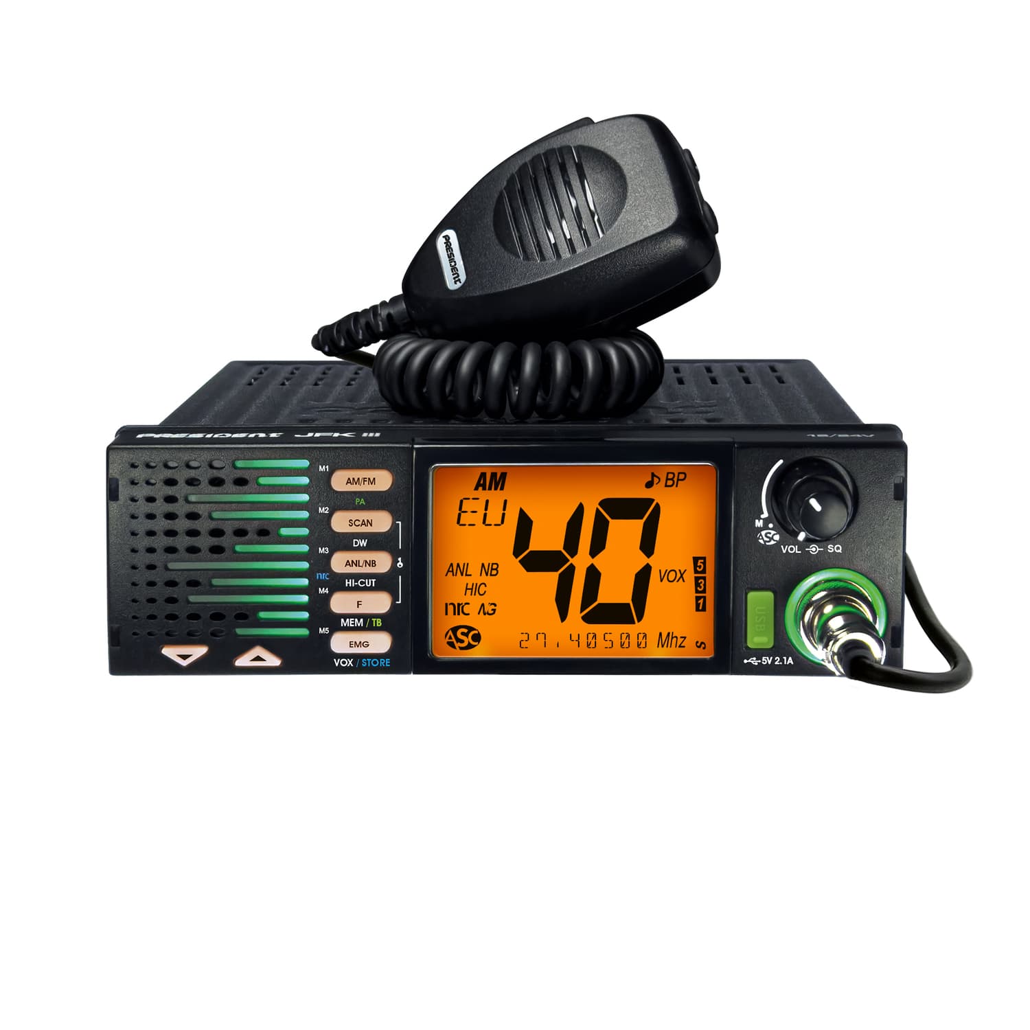 President JFK III CB radio AM/FM z ASC, filtr NRC, zasilanie 12/24V, montaż 1-DIN, głośnik z przodu, 7-kolorów